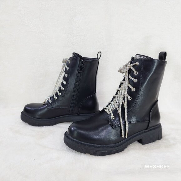 Rylee Black Combat Ankle Boots Iridescent Rhinestone Tongue and Rope Laces - Picture 1 of 6